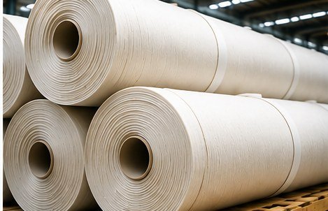 Large fabric rolls stacked on a pallet in a warehouse