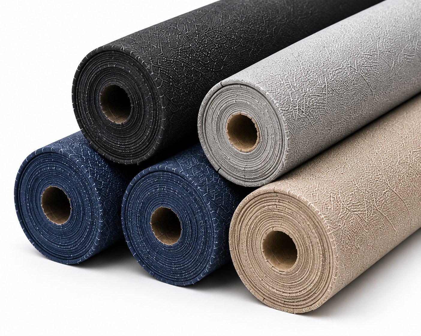 Five rolls of black, grey, navy and beige fabric